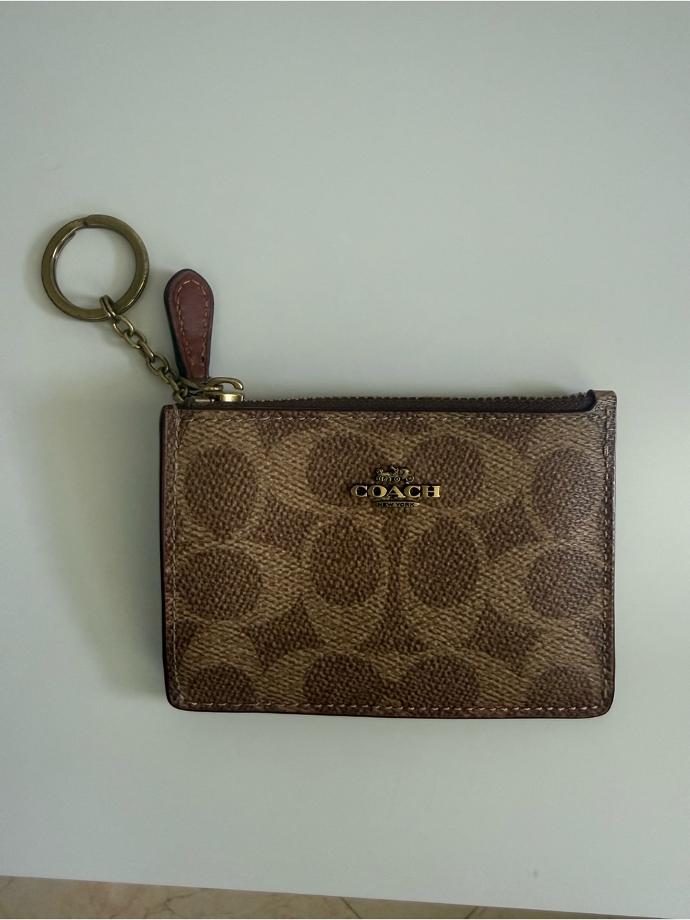 COACH Brown Signature Canvas Zip Card Case with Key Ring